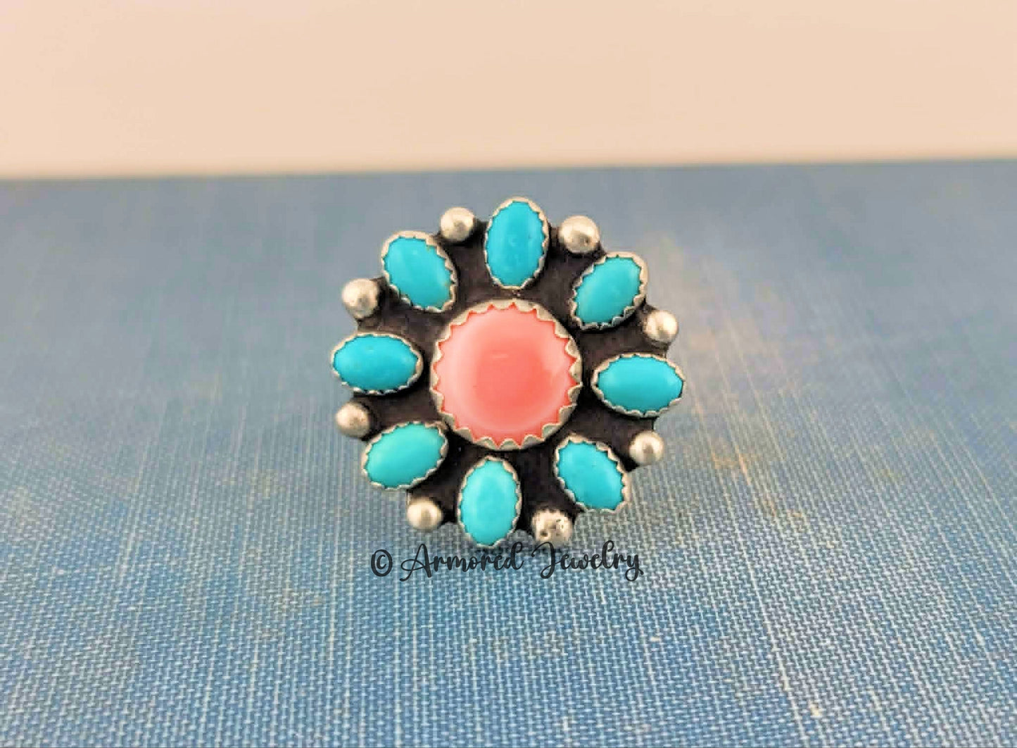 Sterling silver Pink Queen Conch & Kingman Turquoise Blossom Ring