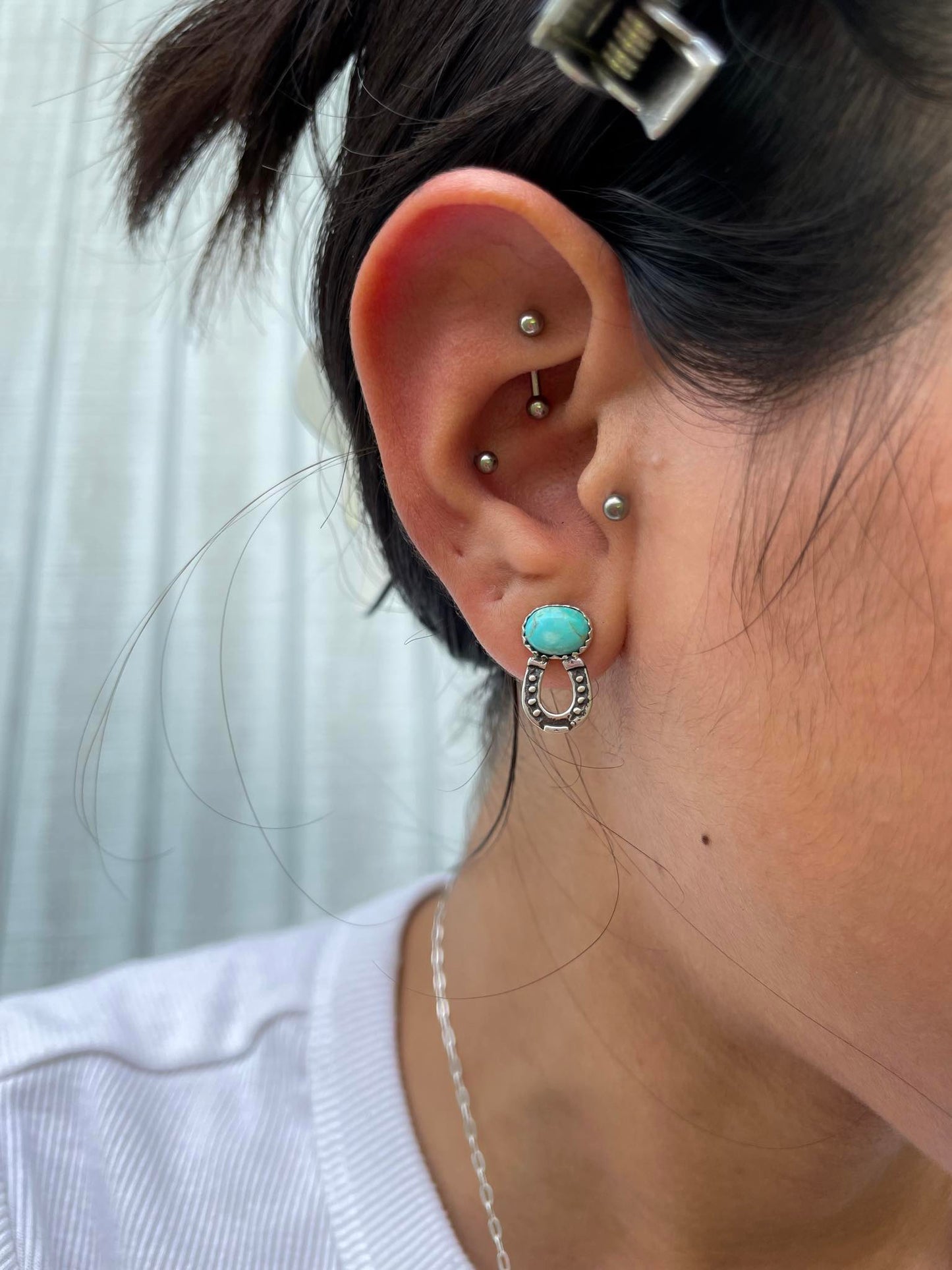 Sterling Silver Tiny Horseshoe & Turquoise Stud Earrings