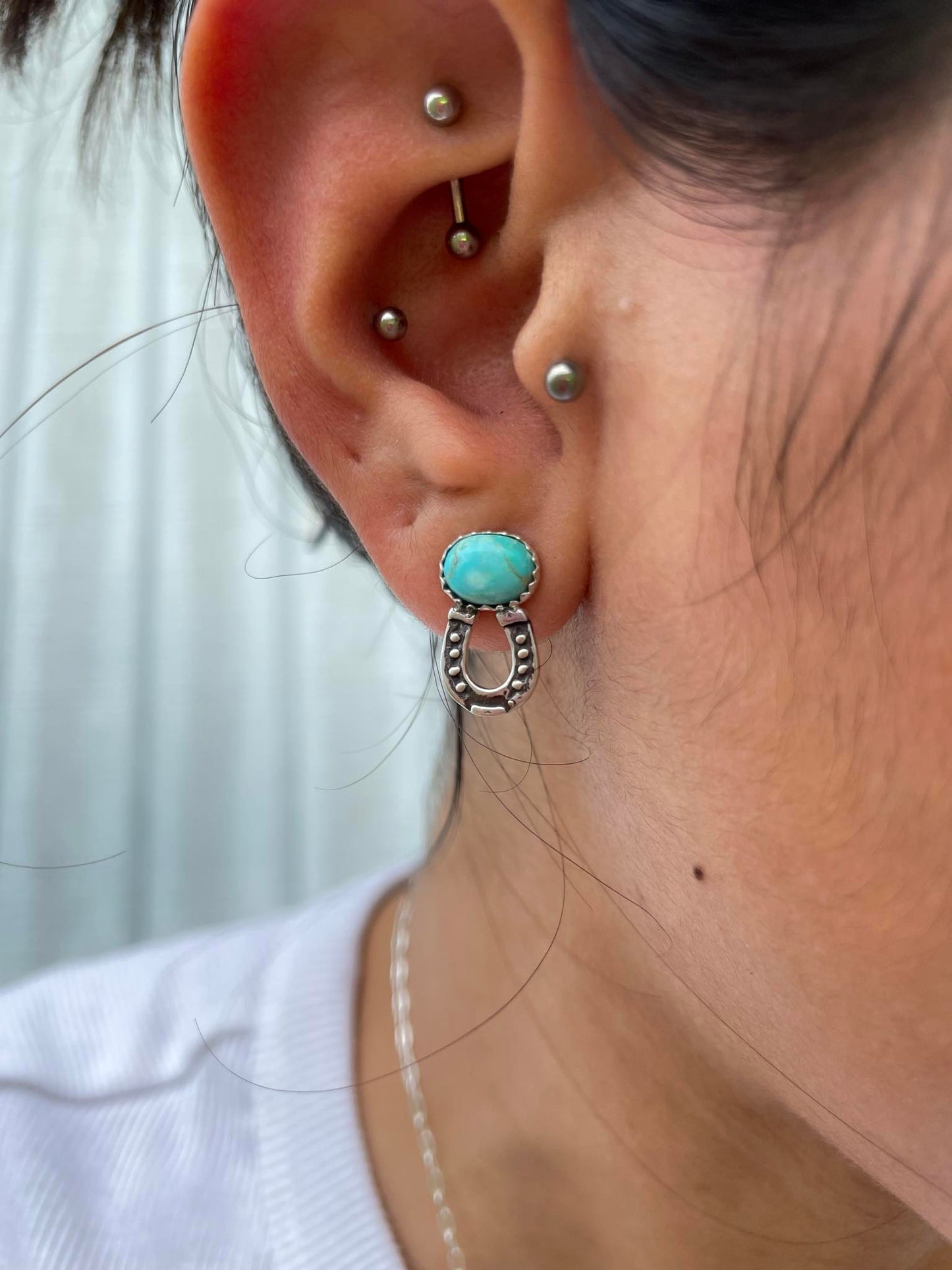 Sterling Silver Tiny Horseshoe & Turquoise Stud Earrings
