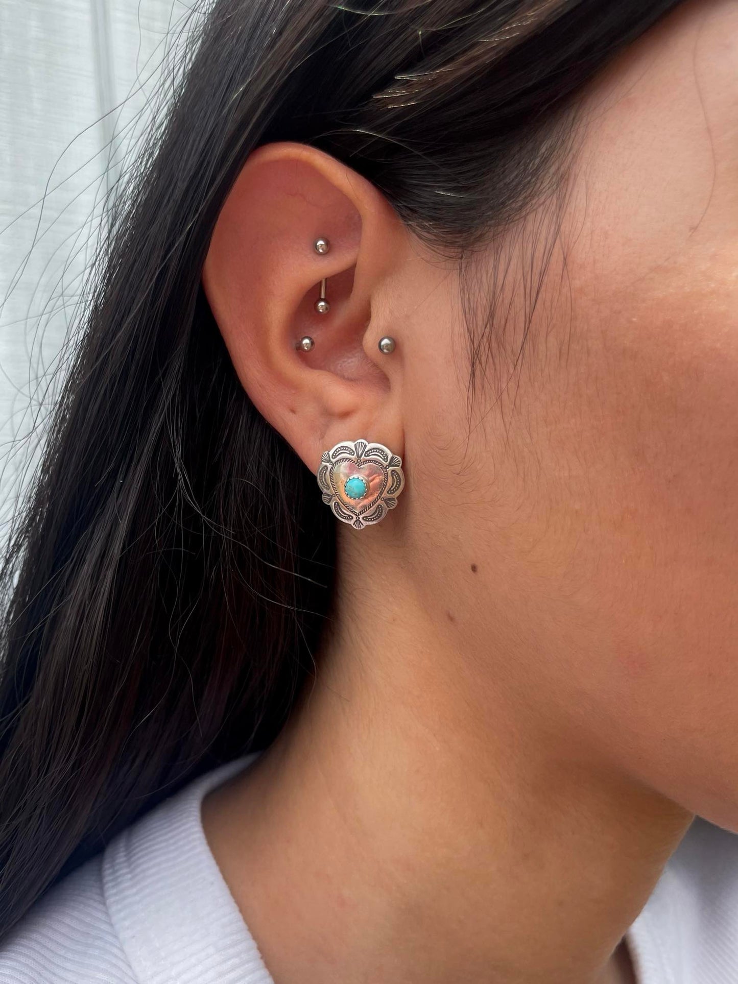 Sterling Silver Heart Concho & Turquoise Stud Earrings