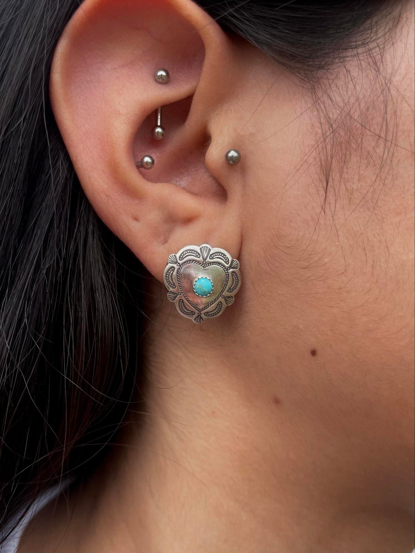 Sterling Silver Heart Concho & Turquoise Stud Earrings
