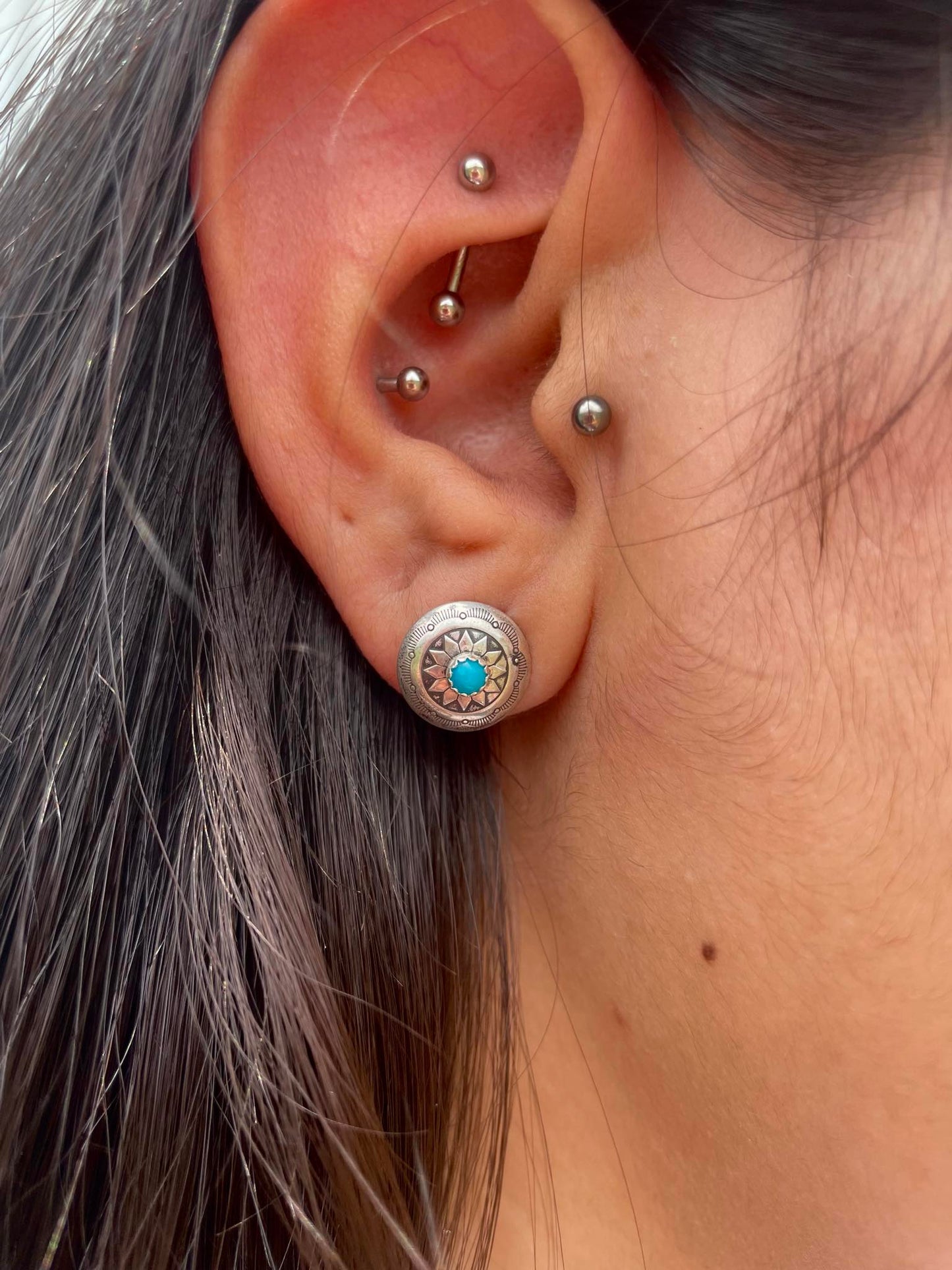 Sterling Silver Tiny Round Concho & Turquoise Stud Earrings