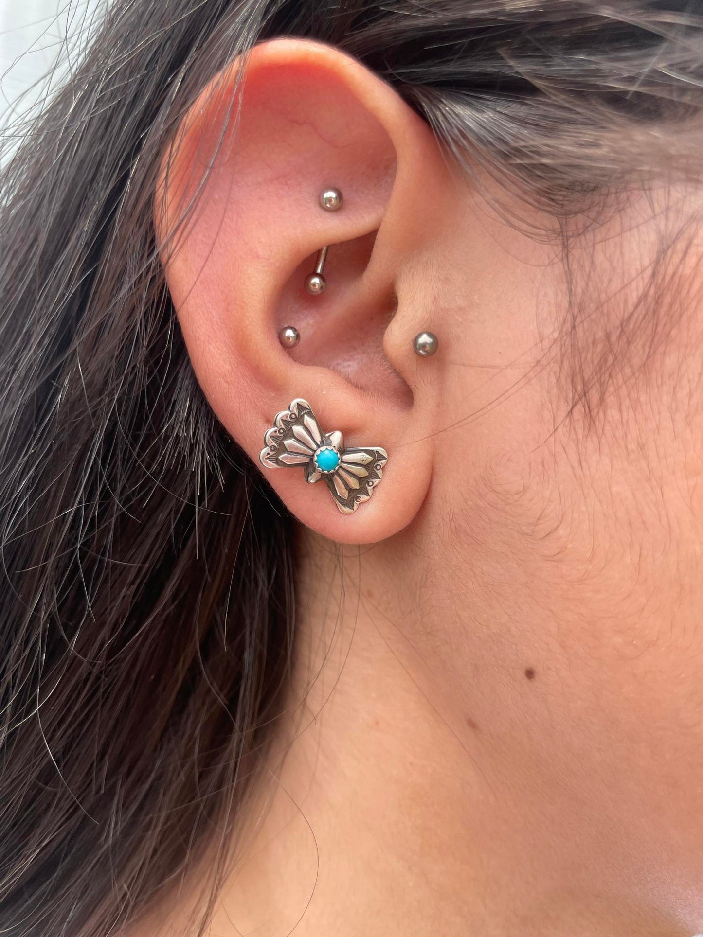 Sterling Silver Tiny Butterfly Concho & Turquoise Stud Earrings