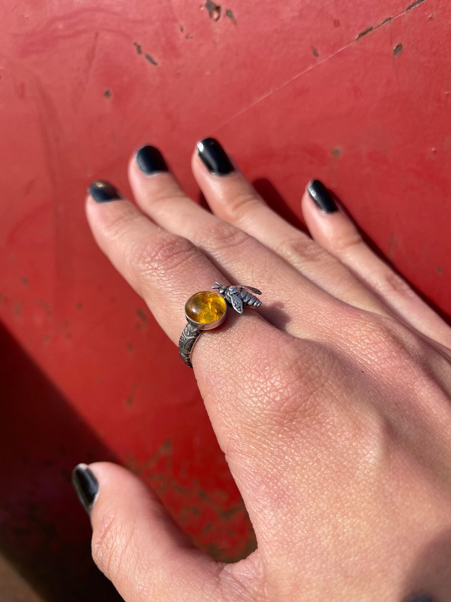 Sterling Silver Honey Bee Amber Ring