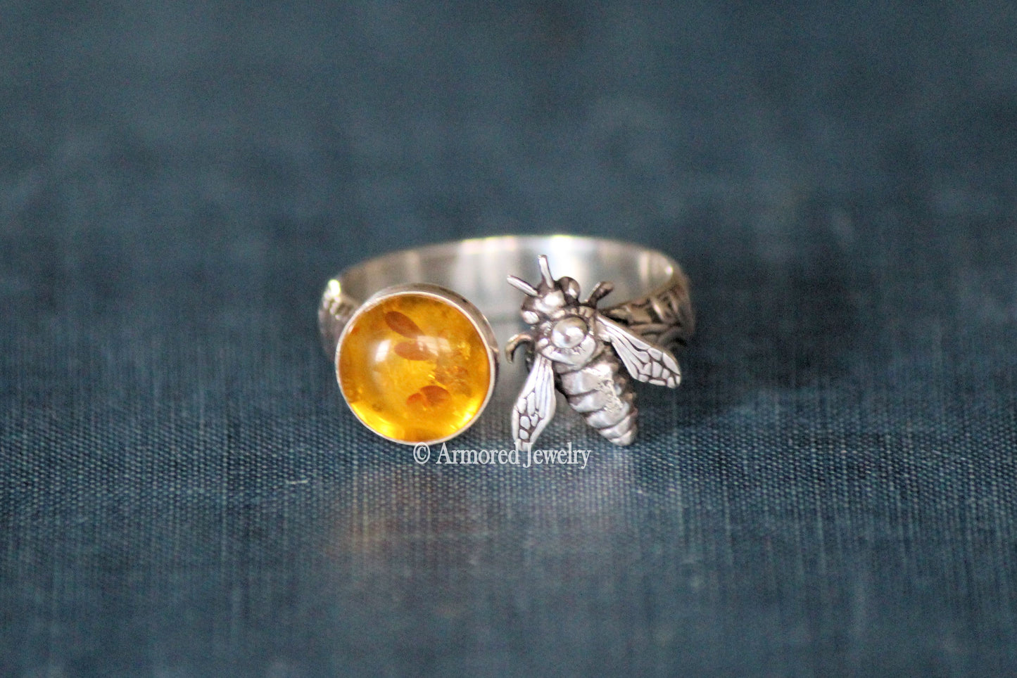 Sterling Silver Honey Bee Amber Ring