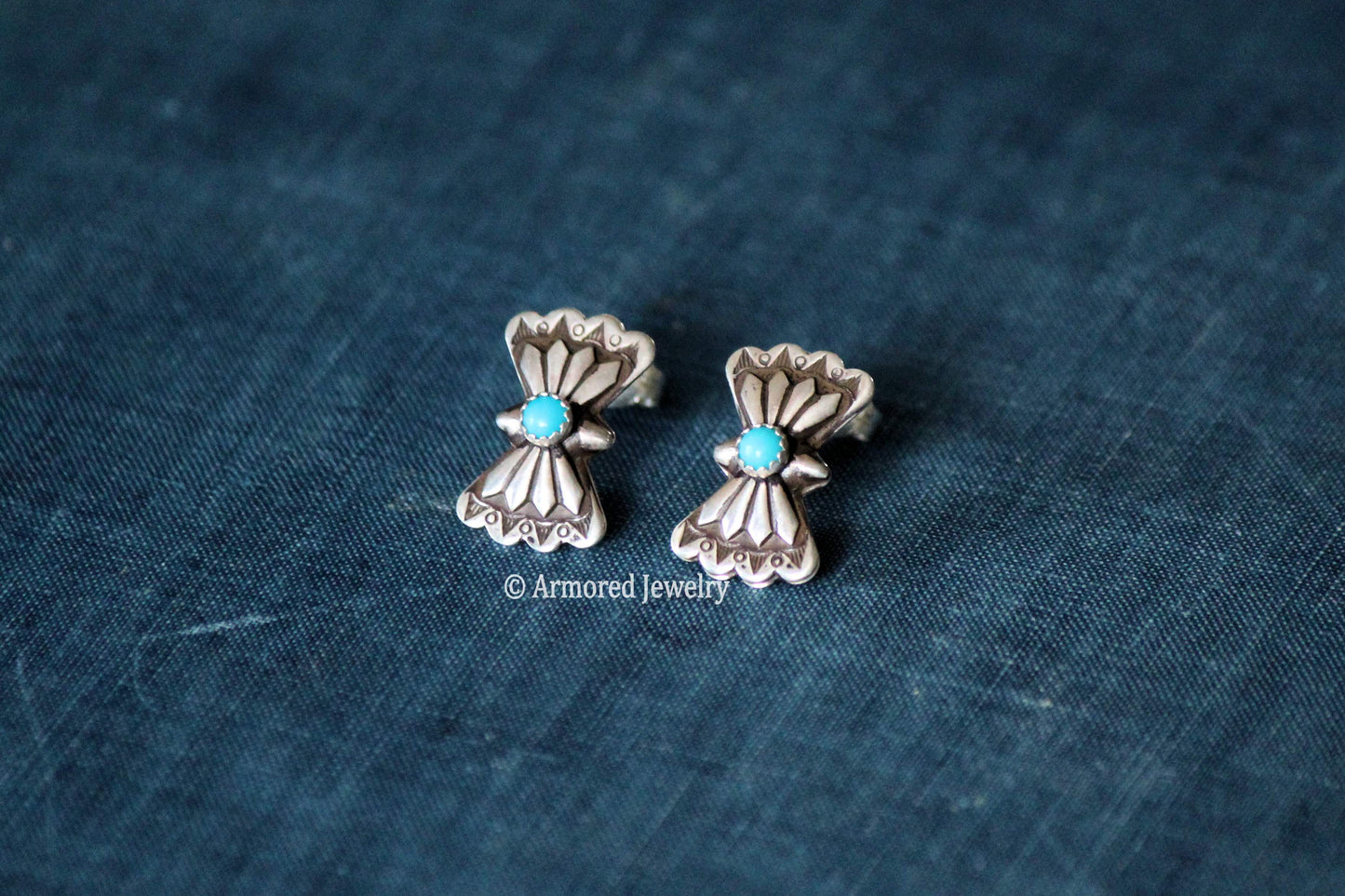 Sterling Silver Tiny Butterfly Concho & Turquoise Stud Earrings