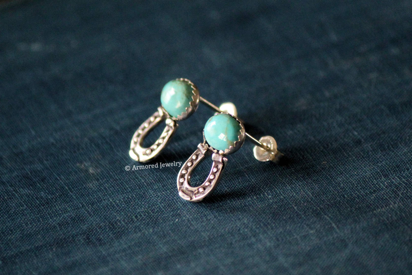 Sterling Silver Tiny Horseshoe & Turquoise Stud Earrings