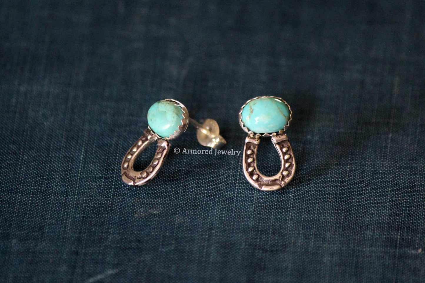 Sterling Silver Tiny Horseshoe & Turquoise Stud Earrings