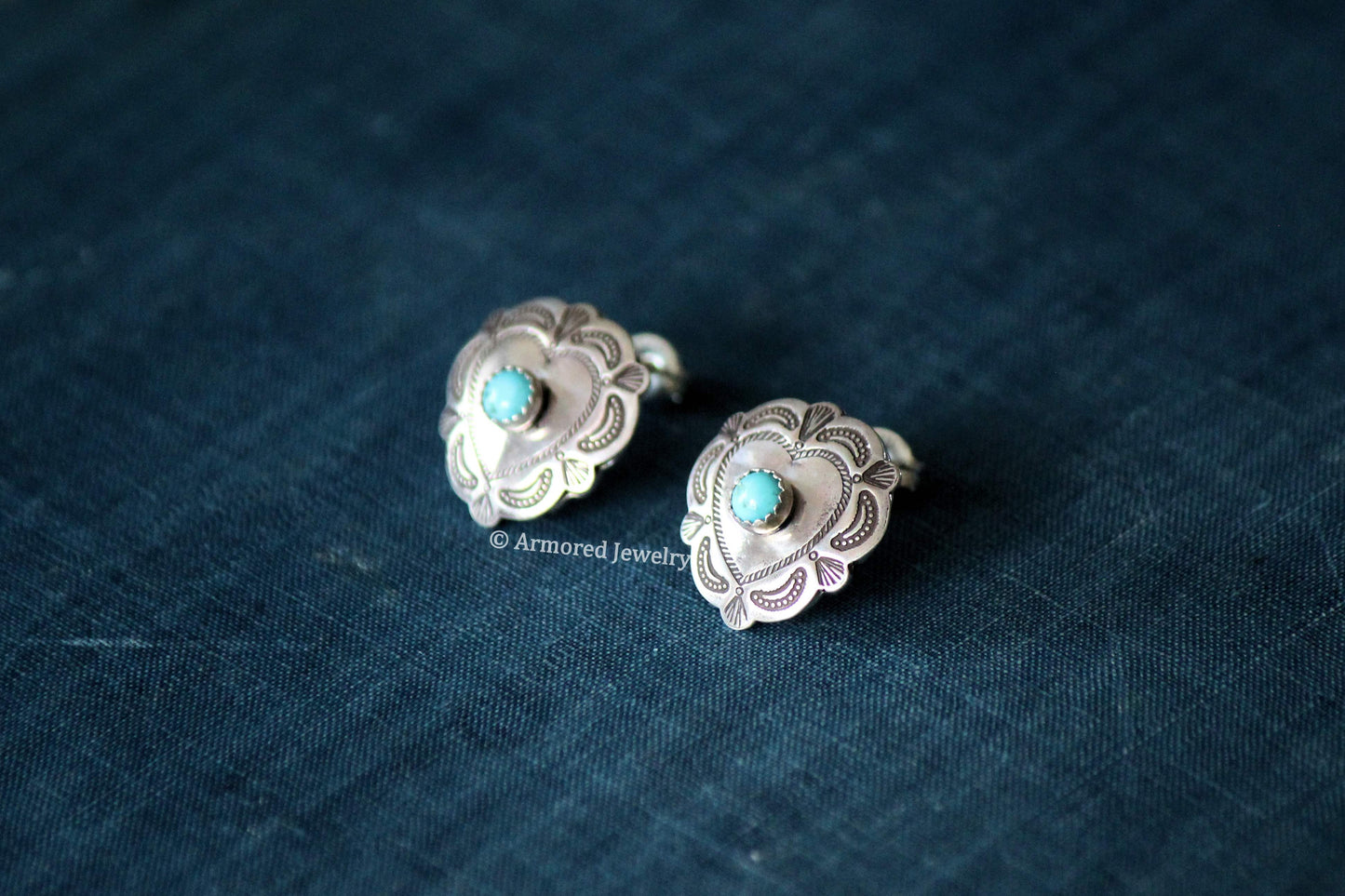 Sterling Silver Heart Concho & Turquoise Stud Earrings