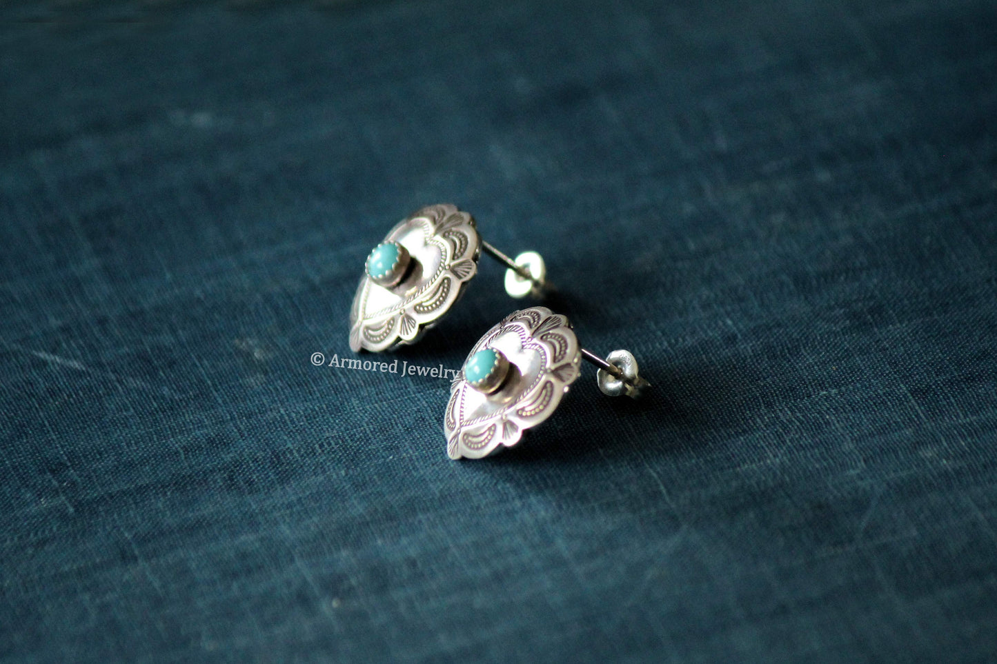 Sterling Silver Heart Concho & Turquoise Stud Earrings