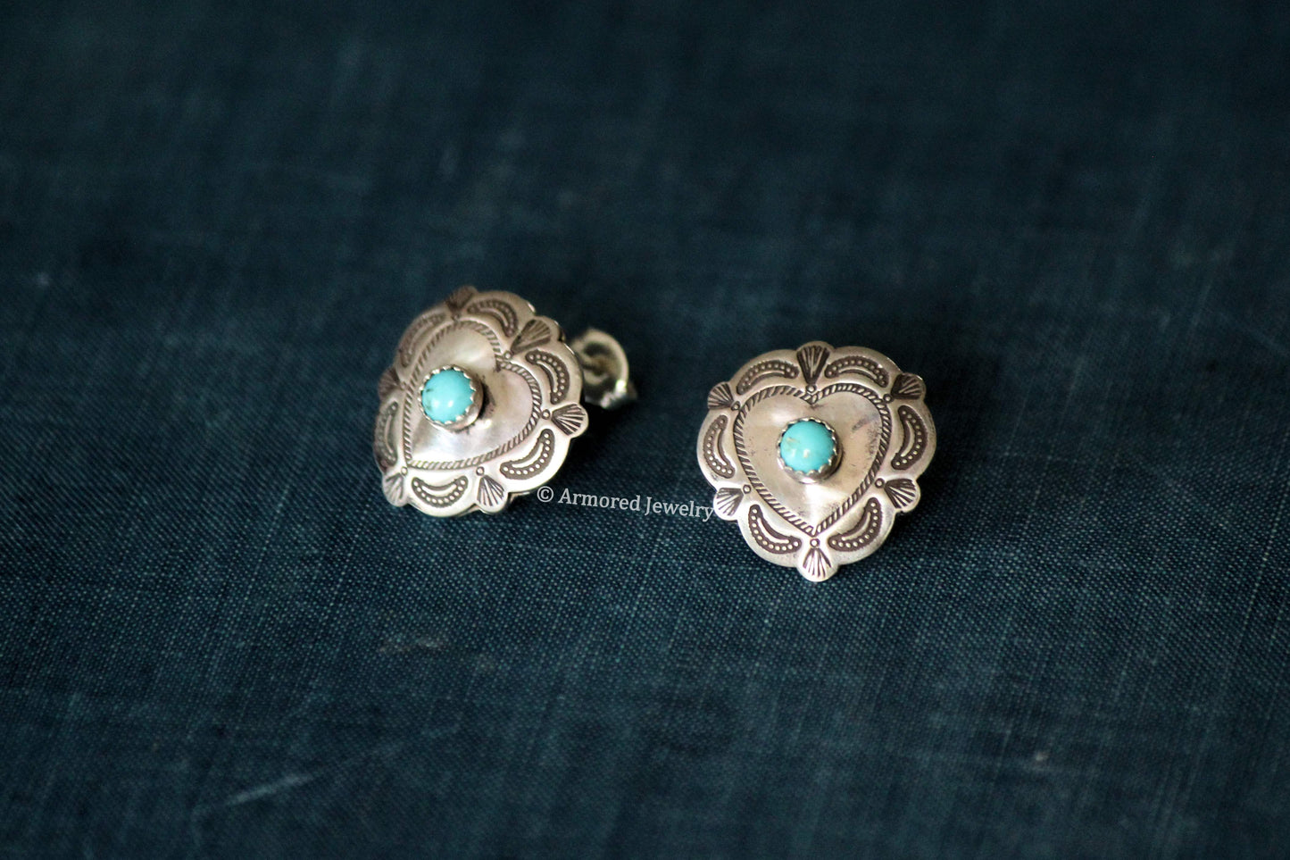 Sterling Silver Heart Concho & Turquoise Stud Earrings