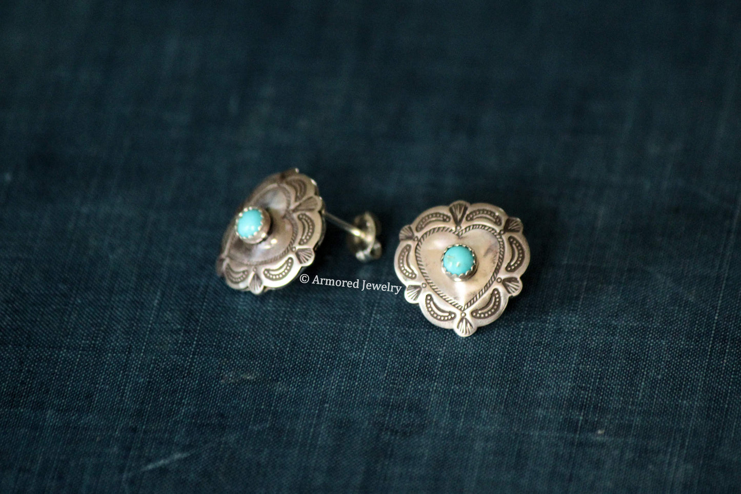 Sterling Silver Heart Concho & Turquoise Stud Earrings