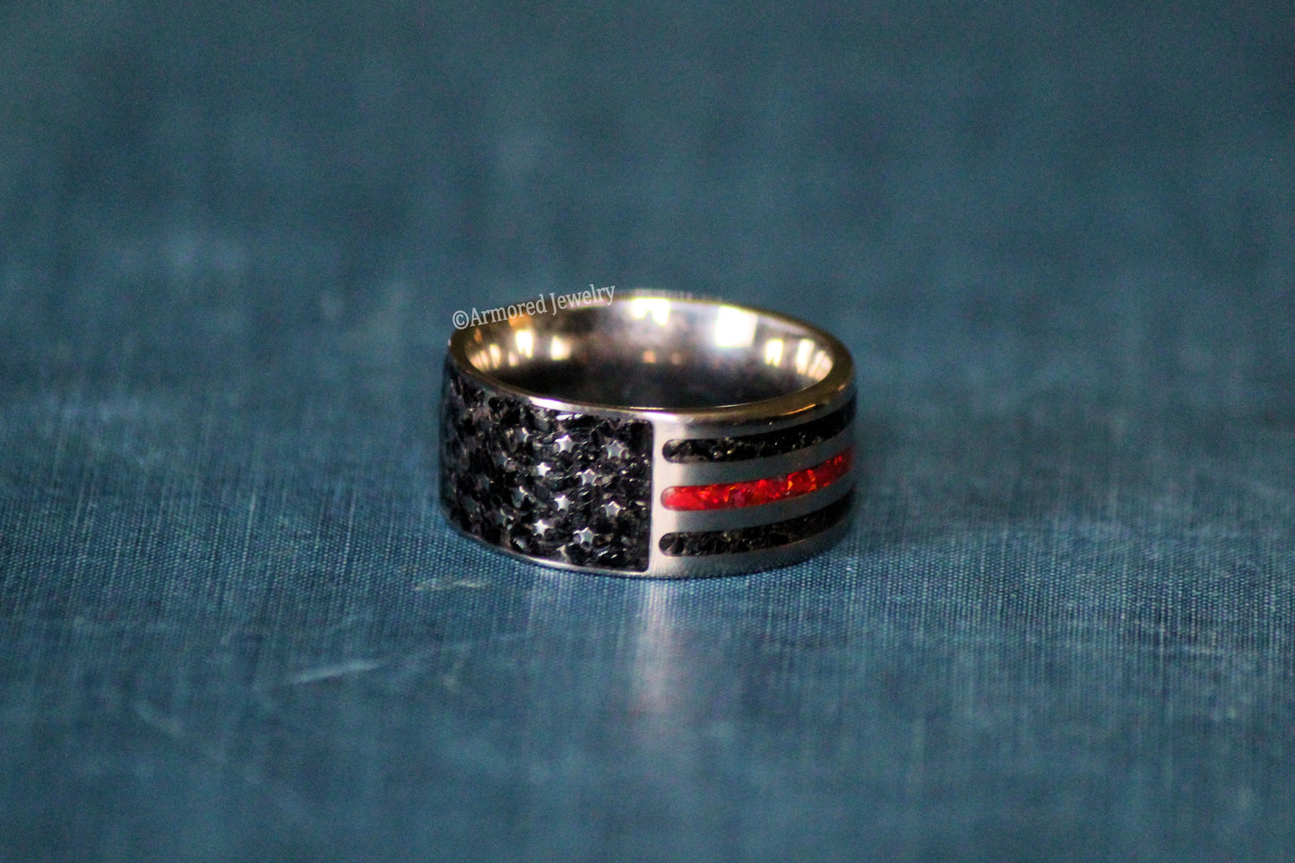Titanium Inlay US Flag Firefighter Ring