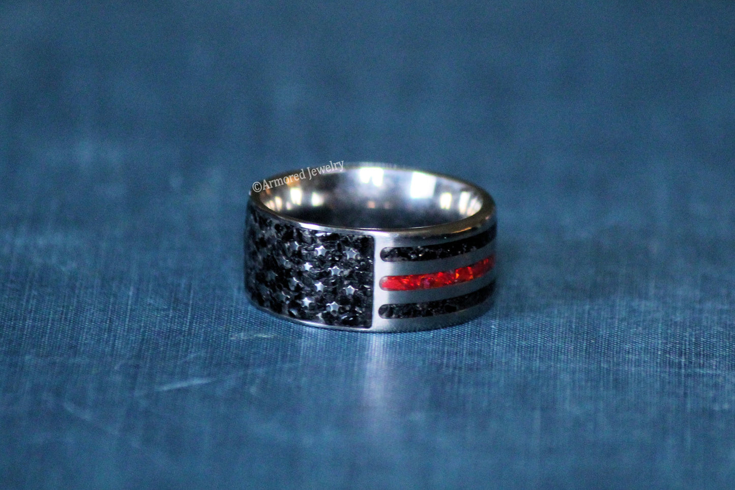 Titanium Inlay US Flag Firefighter Ring