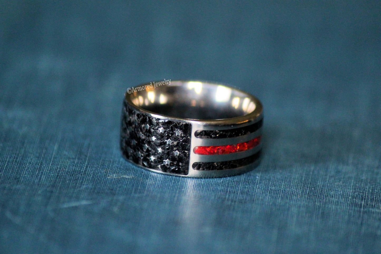 Titanium Inlay US Flag Firefighter Ring