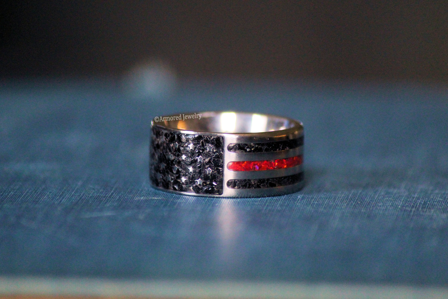 Titanium Inlay US Flag Firefighter Ring