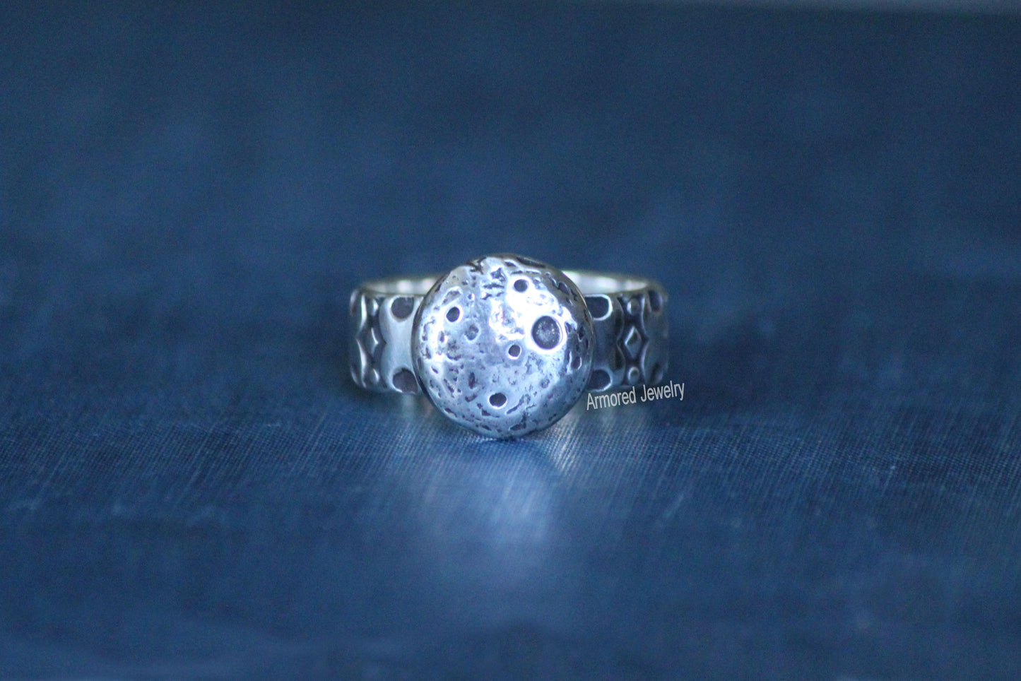 Sterling silver realistic full moon Ring with double moon band