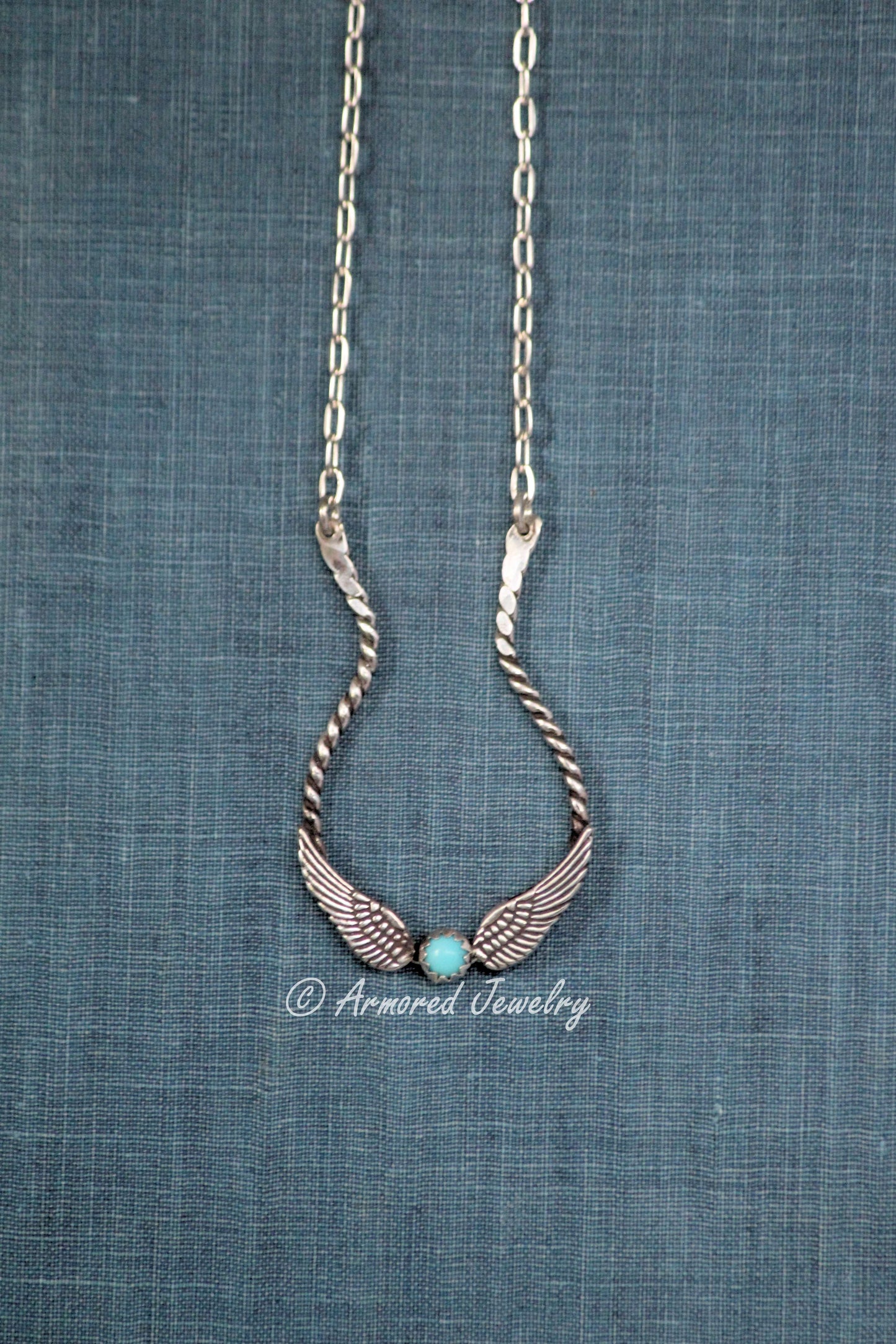 Sterling Silver Double Angel Wing Turquoise Ring Holder Necklace