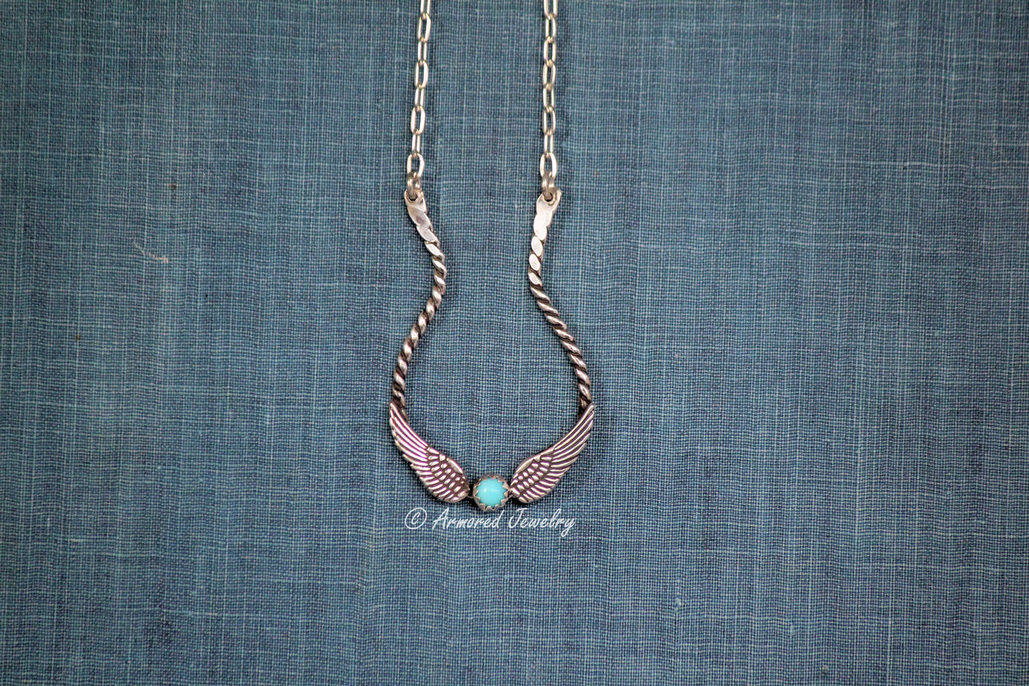 Sterling Silver Double Angel Wing Turquoise Ring Holder Necklace