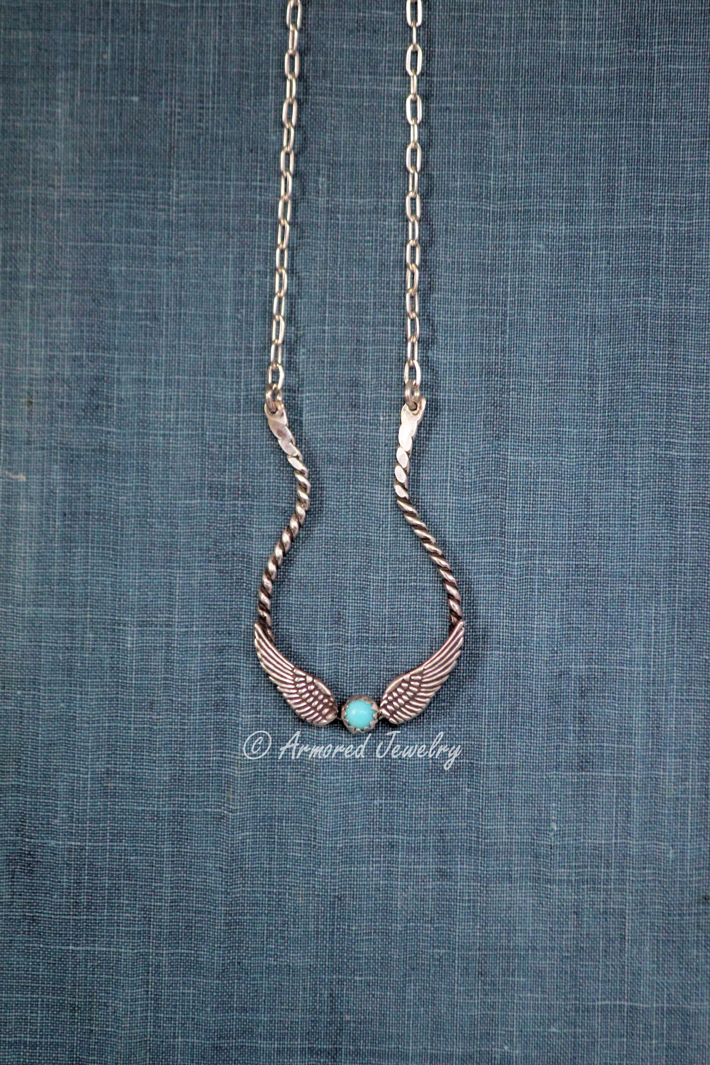 Sterling Silver Double Angel Wing Turquoise Ring Holder Necklace