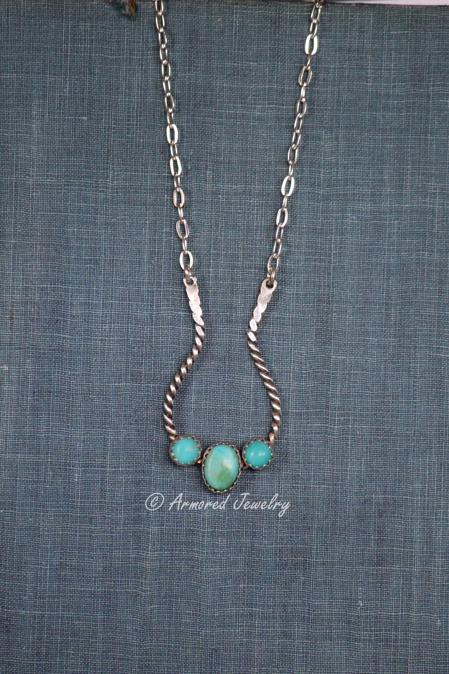 Sterling Silver Rope Triple Turquoise Ring Holder Necklace
