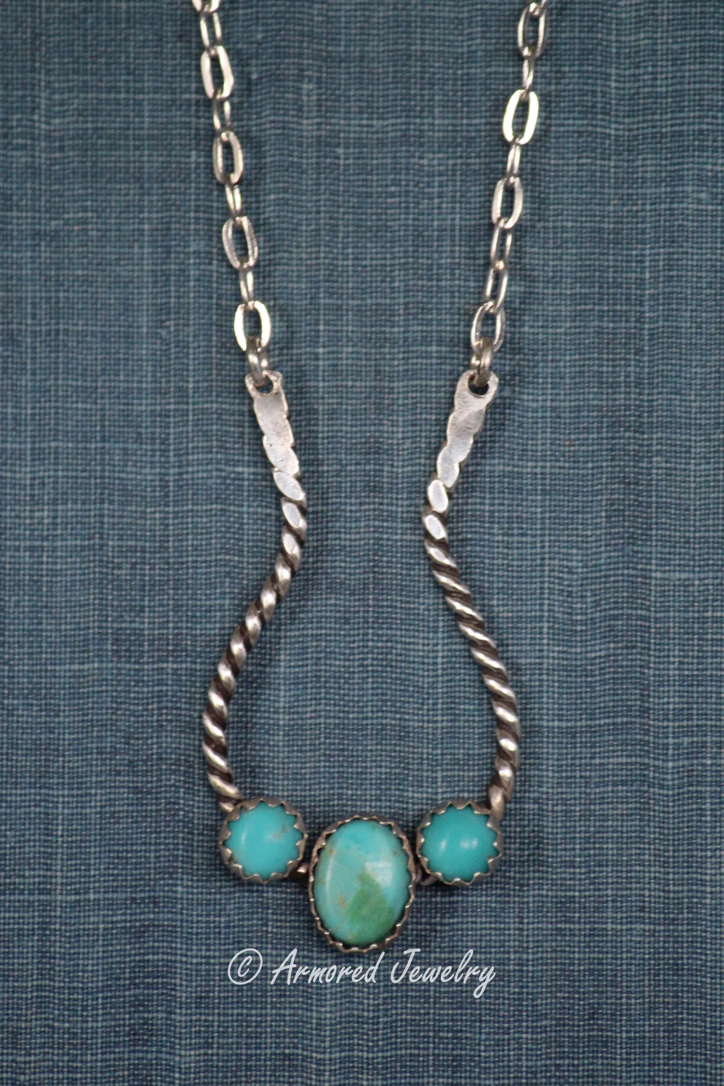 Sterling Silver Rope Triple Turquoise Ring Holder Necklace
