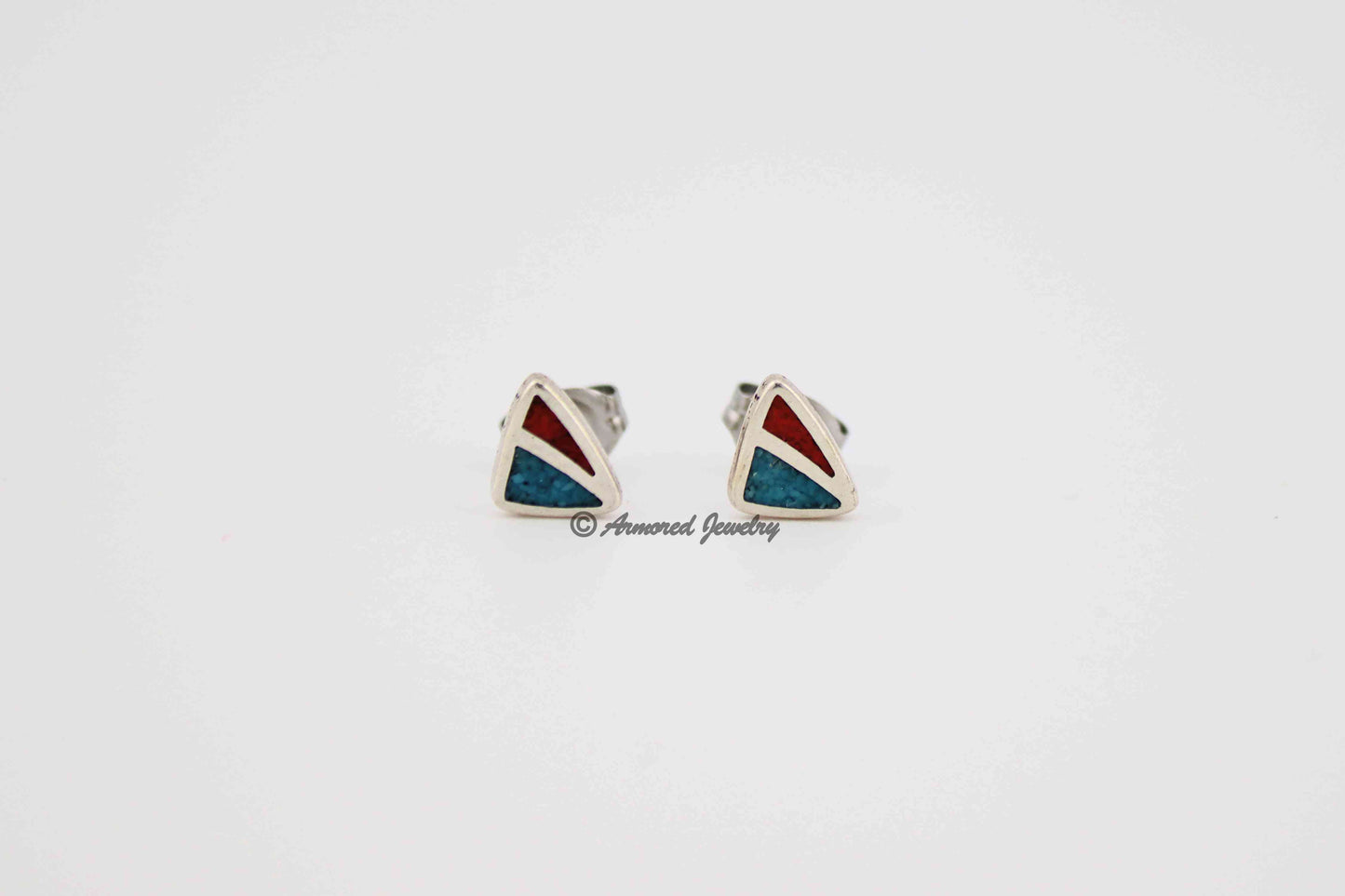 Sterling Silver Triangle Turquoise Coral Inlay Earrings