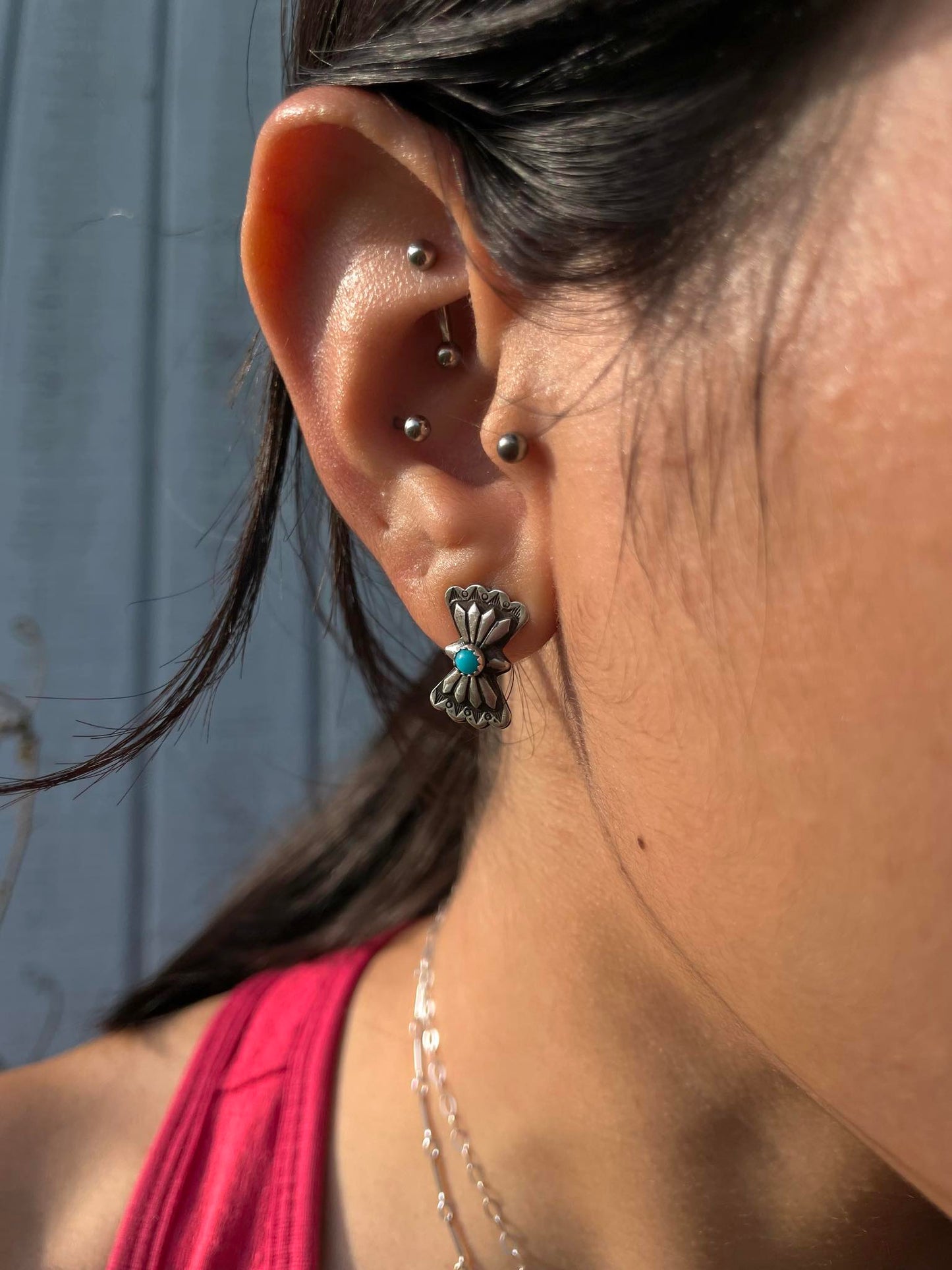Sterling Silver Tiny Butterfly Concho & Turquoise Stud Earrings