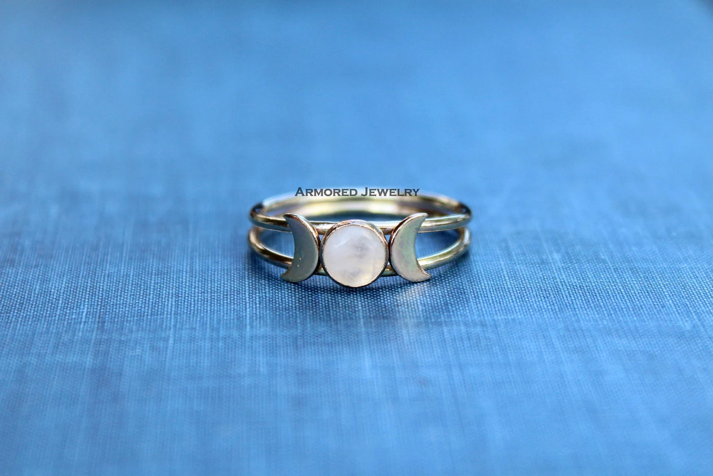 Gold Filled Double Band Rainbow Moonstone Triple Goddess Ring