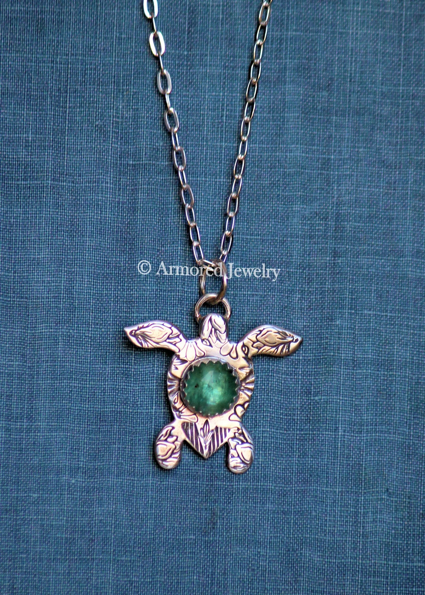 Sterling Silver Sea Turtle Emerald Kyanite Pendant Necklace