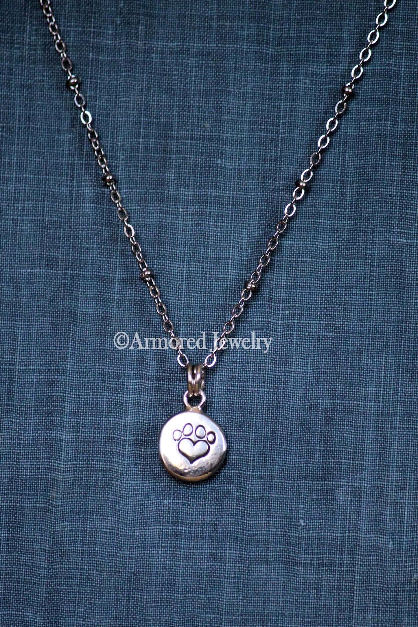 Sterling Silver Pet Paw Stamped Pebble pendant necklace