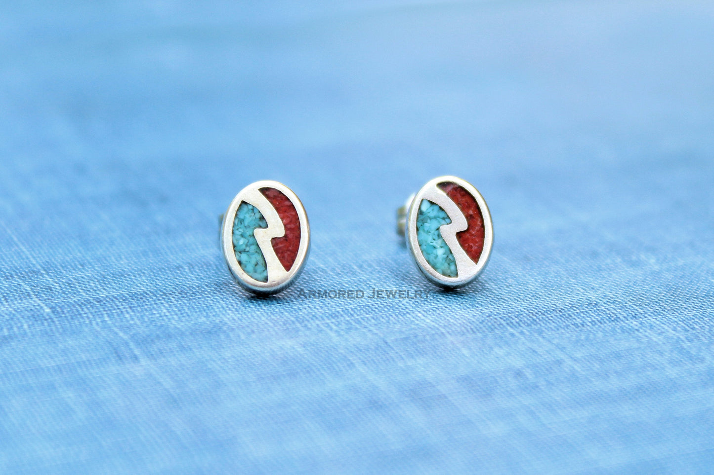 Sterling Silver Turquoise Coral Inlay Earrings