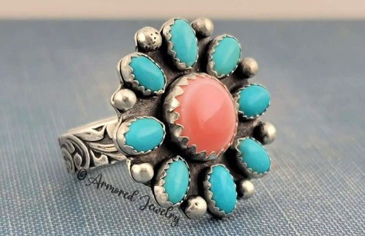 Sterling silver Pink Queen Conch & Kingman Turquoise Blossom Ring