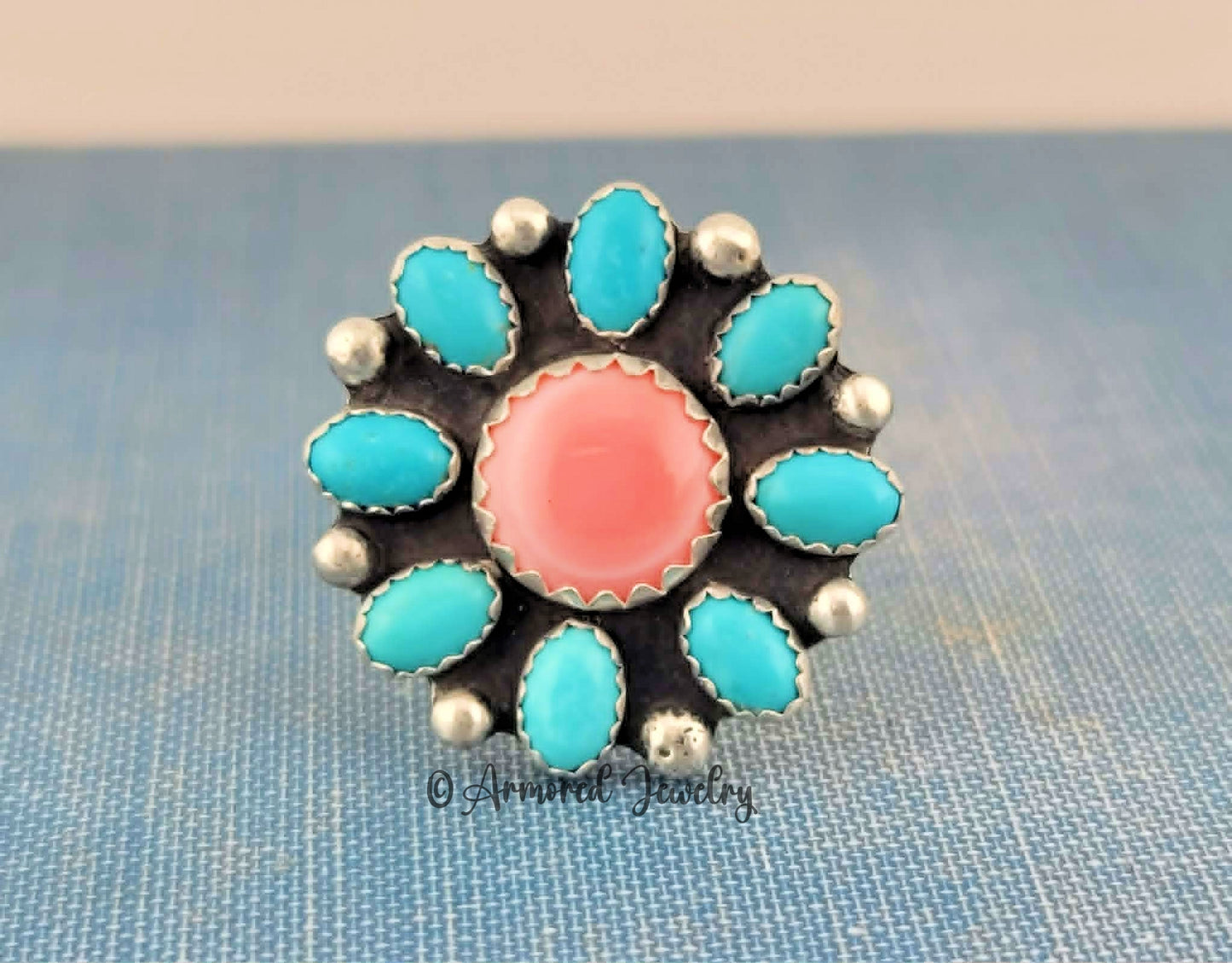 Sterling silver Pink Queen Conch & Kingman Turquoise Blossom Ring