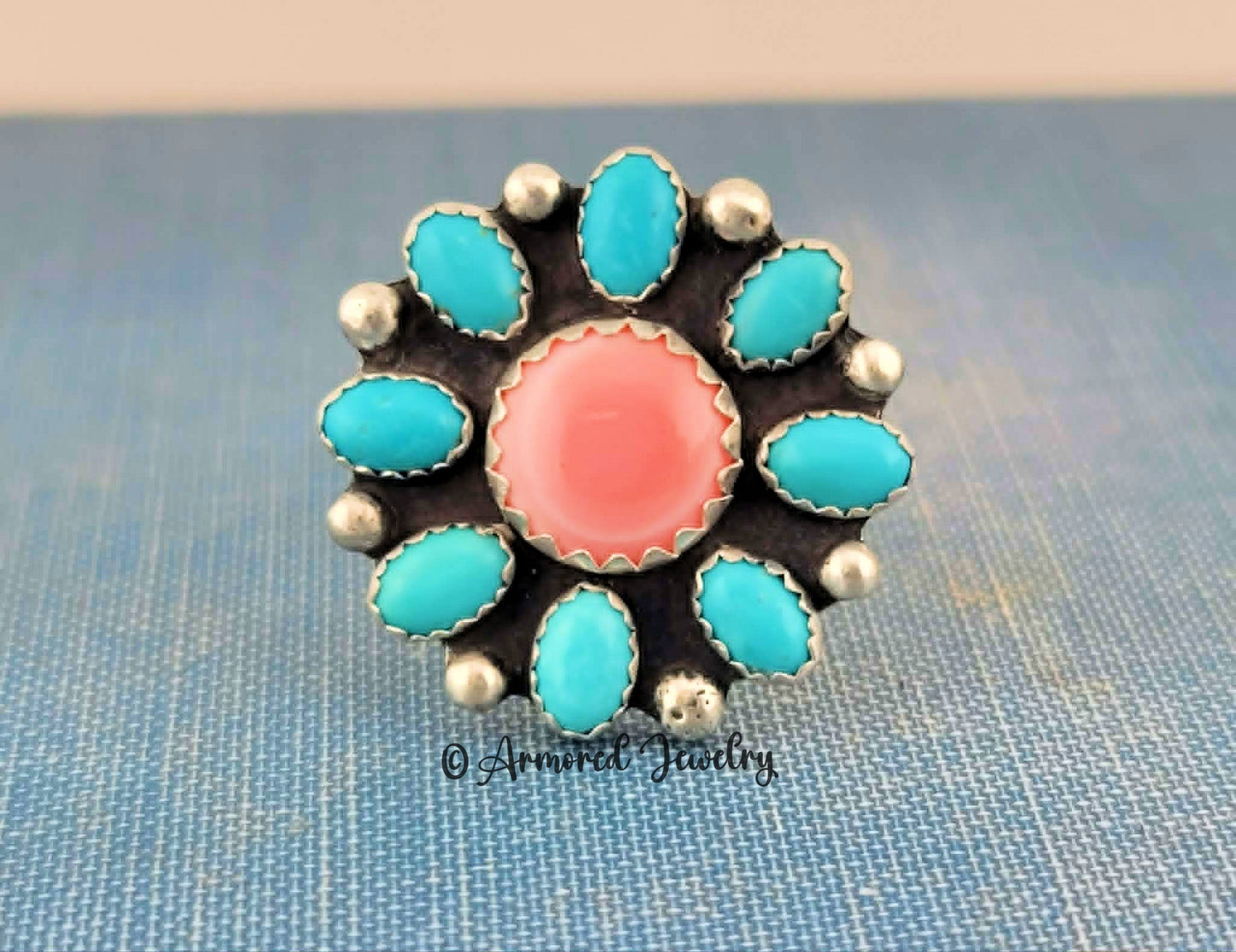 Sterling silver Pink Queen Conch & Kingman Turquoise Blossom Ring