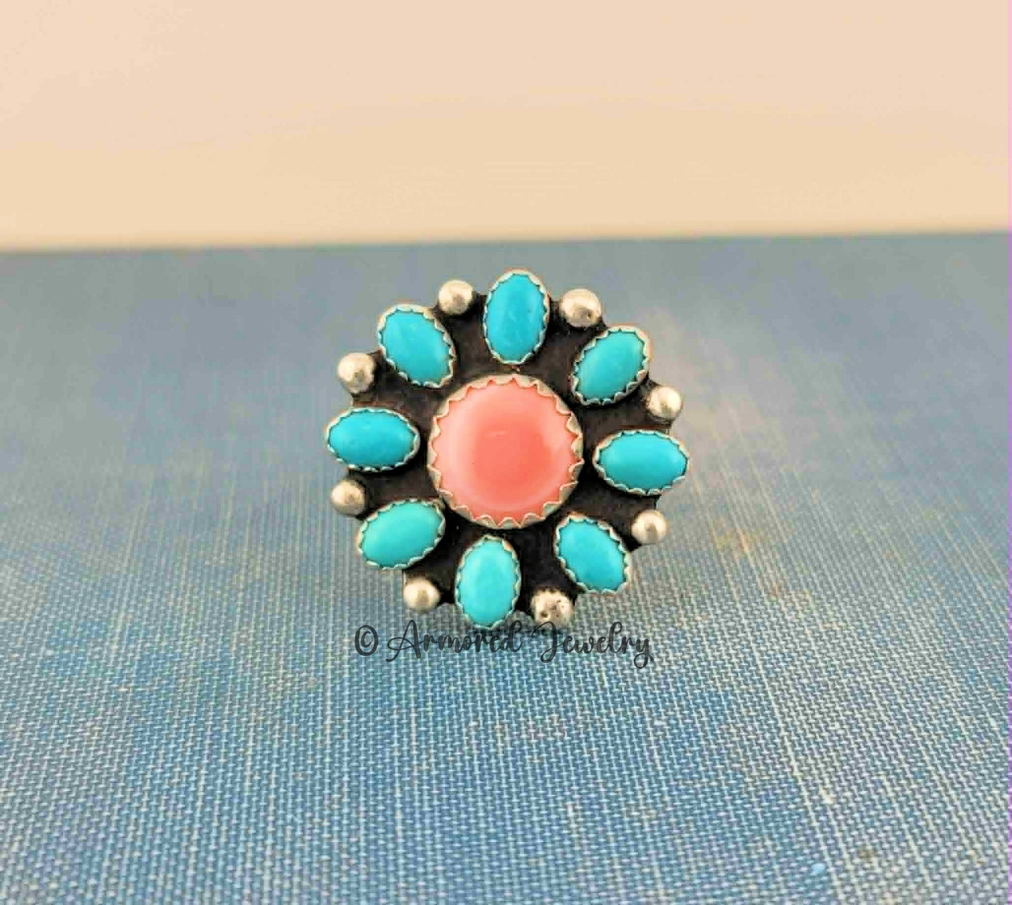 Sterling silver Pink Queen Conch & Kingman Turquoise Blossom Ring