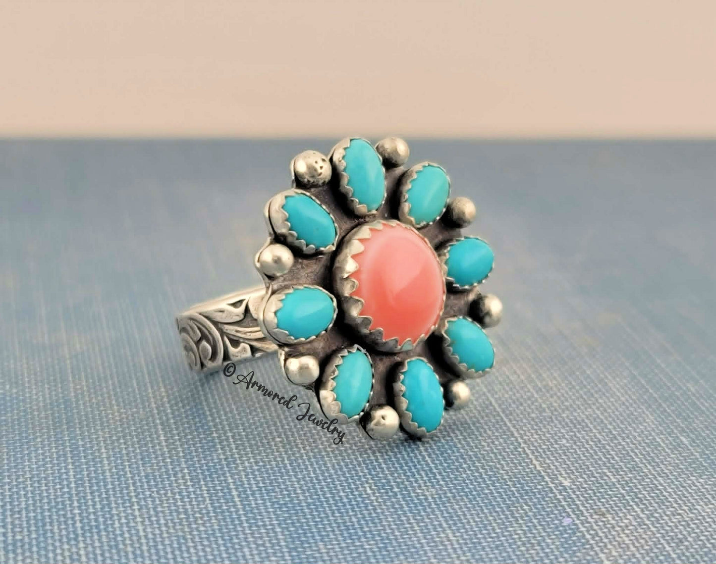 Sterling silver Pink Queen Conch & Kingman Turquoise Blossom Ring