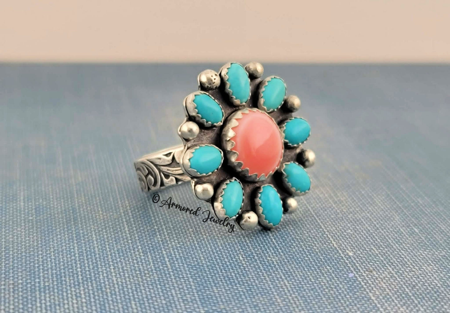 Sterling silver Pink Queen Conch & Kingman Turquoise Blossom Ring