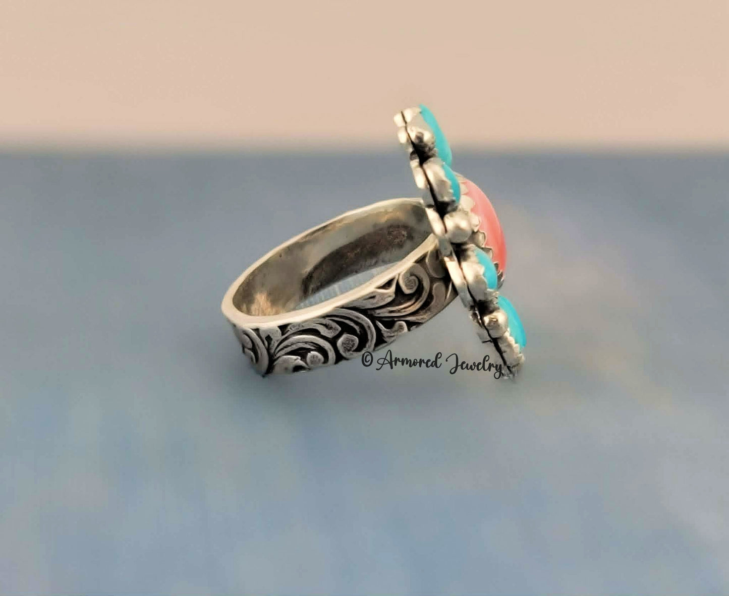 Sterling silver Pink Queen Conch & Kingman Turquoise Blossom Ring