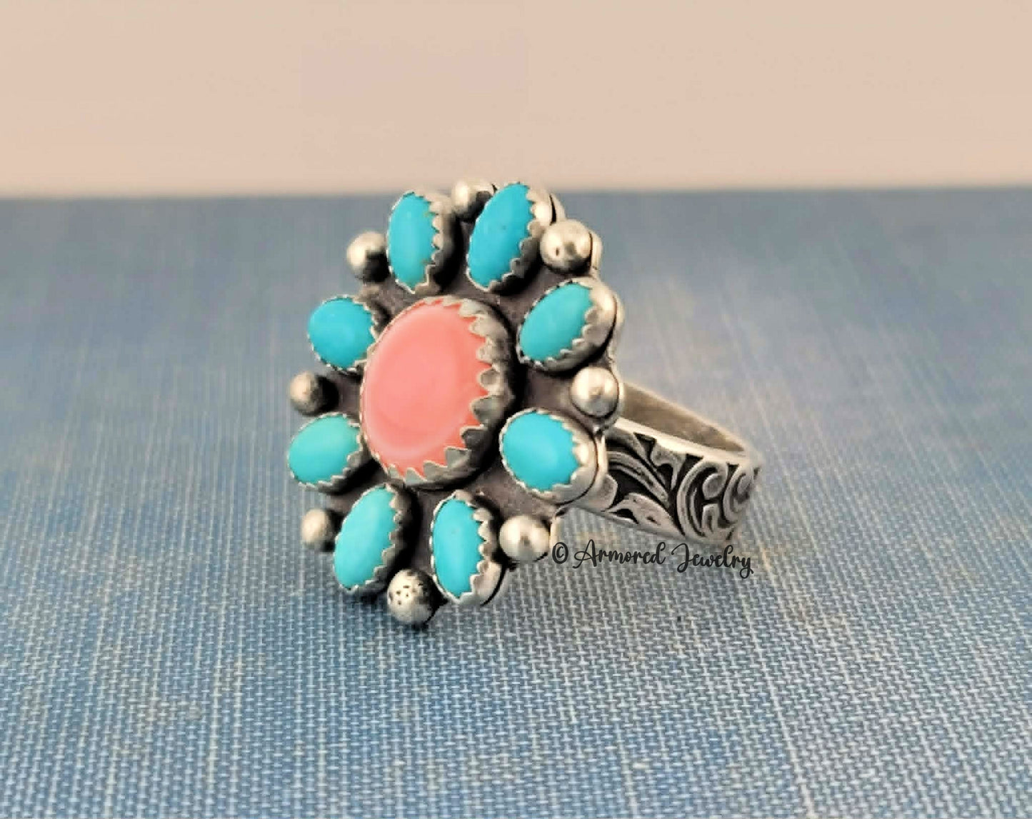 Sterling silver Pink Queen Conch & Kingman Turquoise Blossom Ring