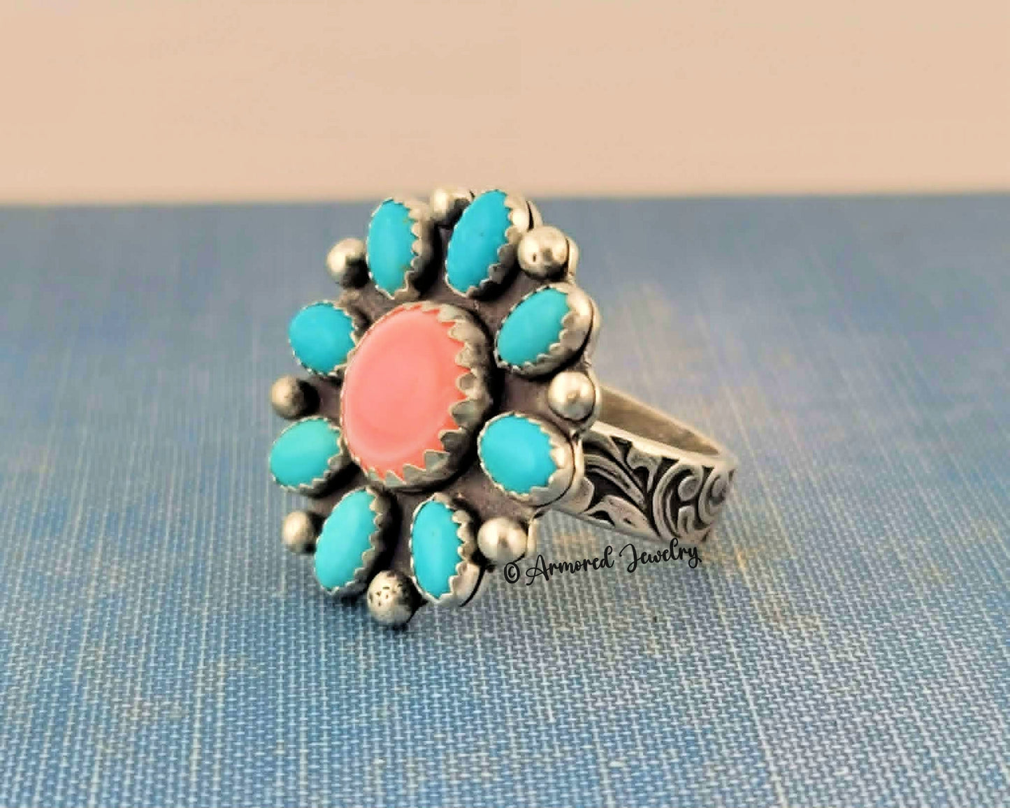Sterling silver Pink Queen Conch & Kingman Turquoise Blossom Ring