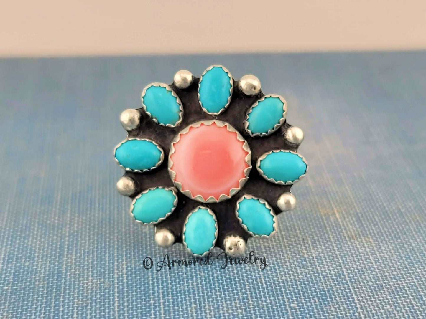 Sterling silver Pink Queen Conch & Kingman Turquoise Blossom Ring