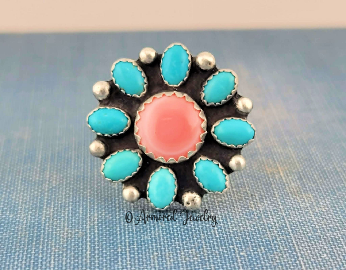 Sterling silver Pink Queen Conch & Kingman Turquoise Blossom Ring