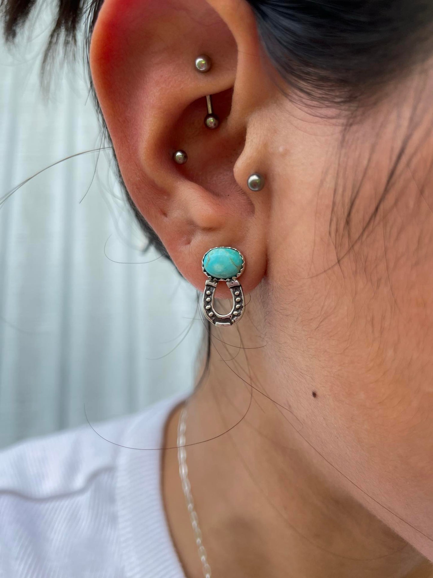 Sterling Silver Tiny Horseshoe & Turquoise Stud Earrings