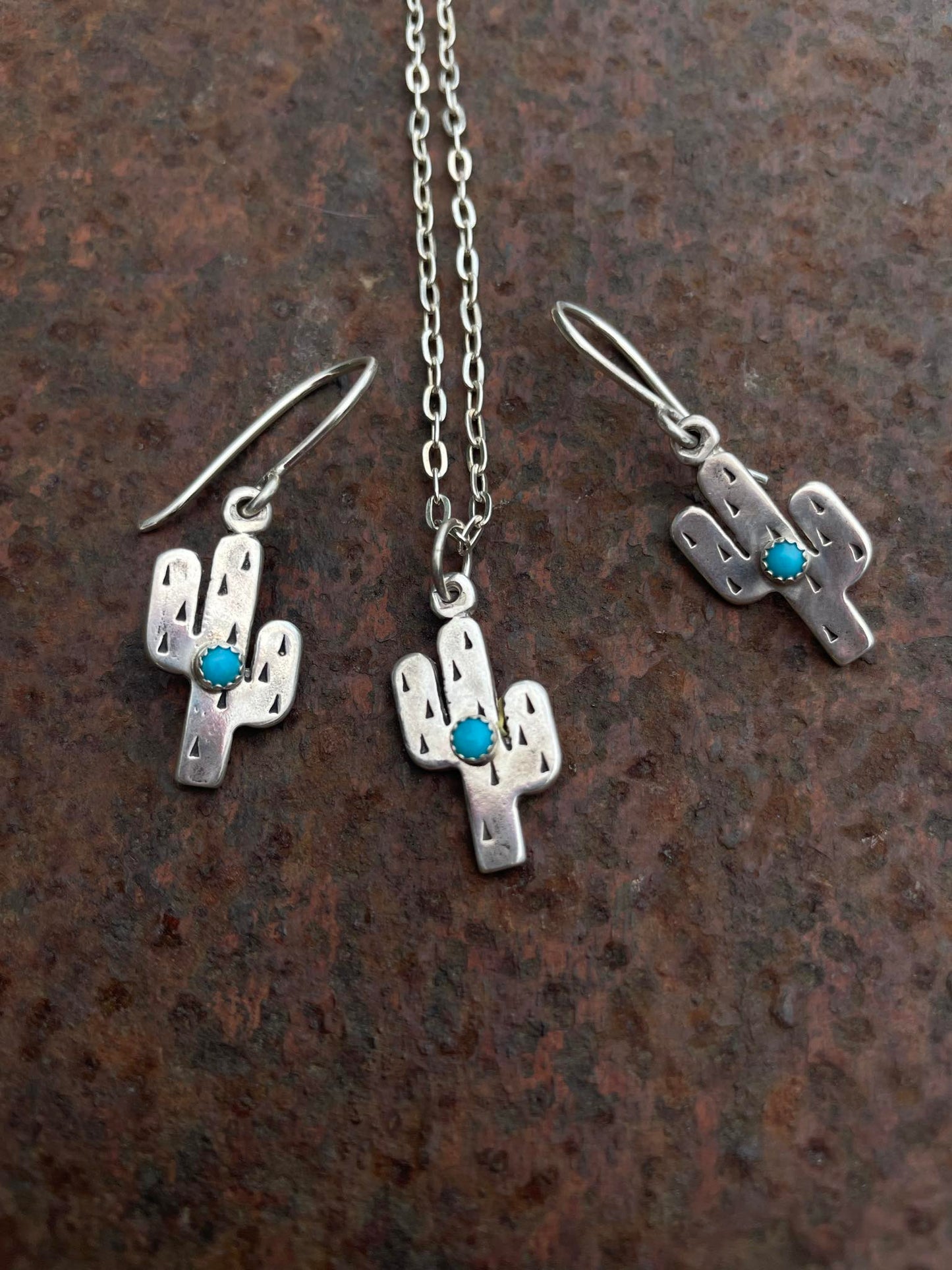 Sterling Silver Saguaro Cactus & Turquoise Pendant Necklace
