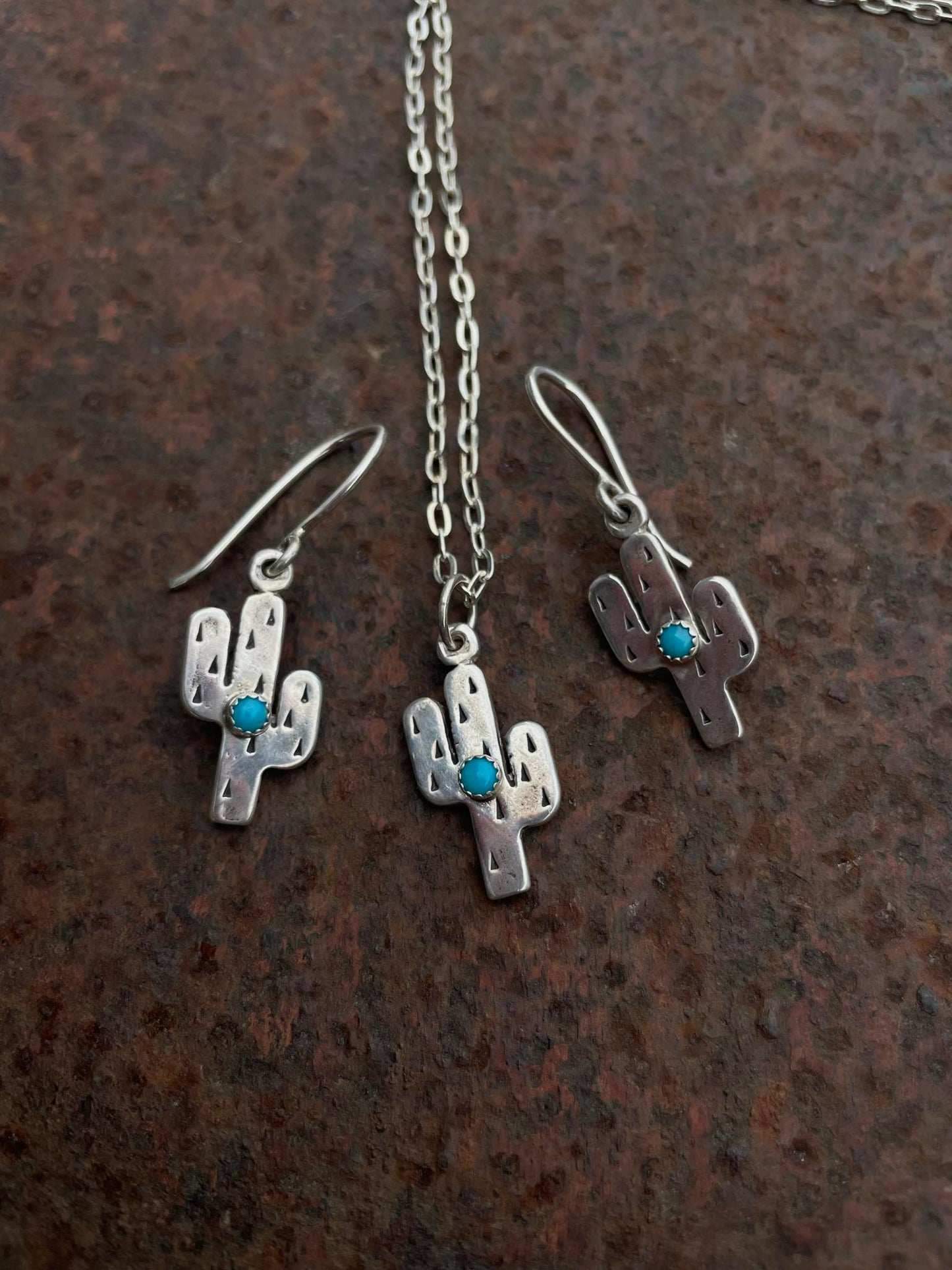 Sterling Silver Saguaro Cactus & Turquoise Pendant Necklace