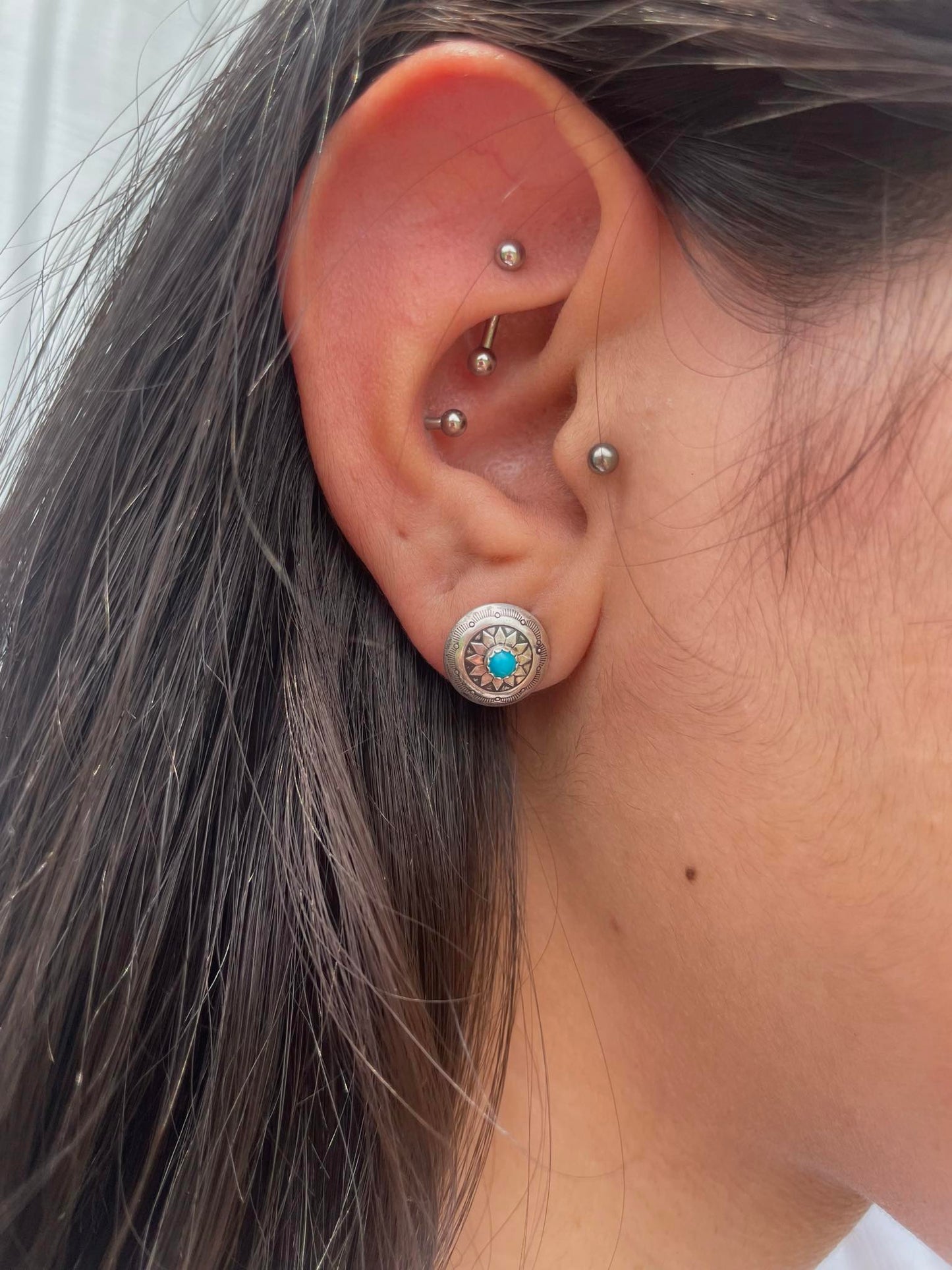 Sterling Silver Tiny Round Concho & Turquoise Stud Earrings