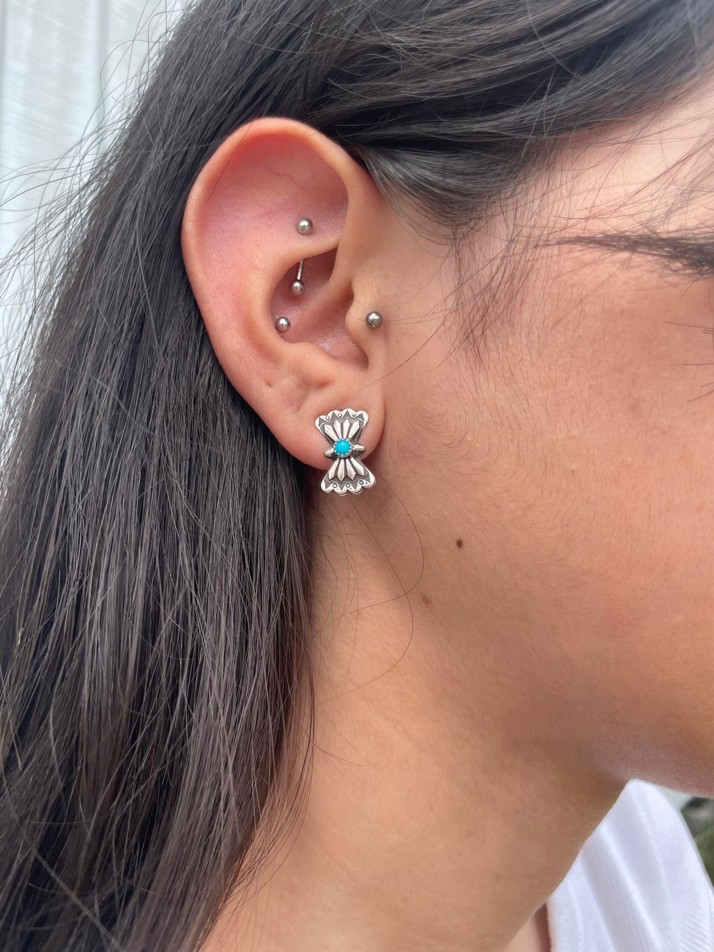 Sterling Silver Tiny Butterfly Concho & Turquoise Stud Earrings