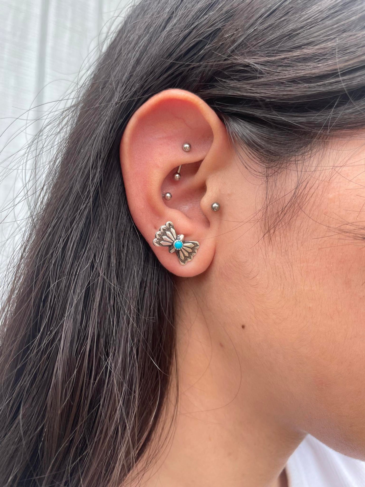 Sterling Silver Tiny Butterfly Concho & Turquoise Stud Earrings