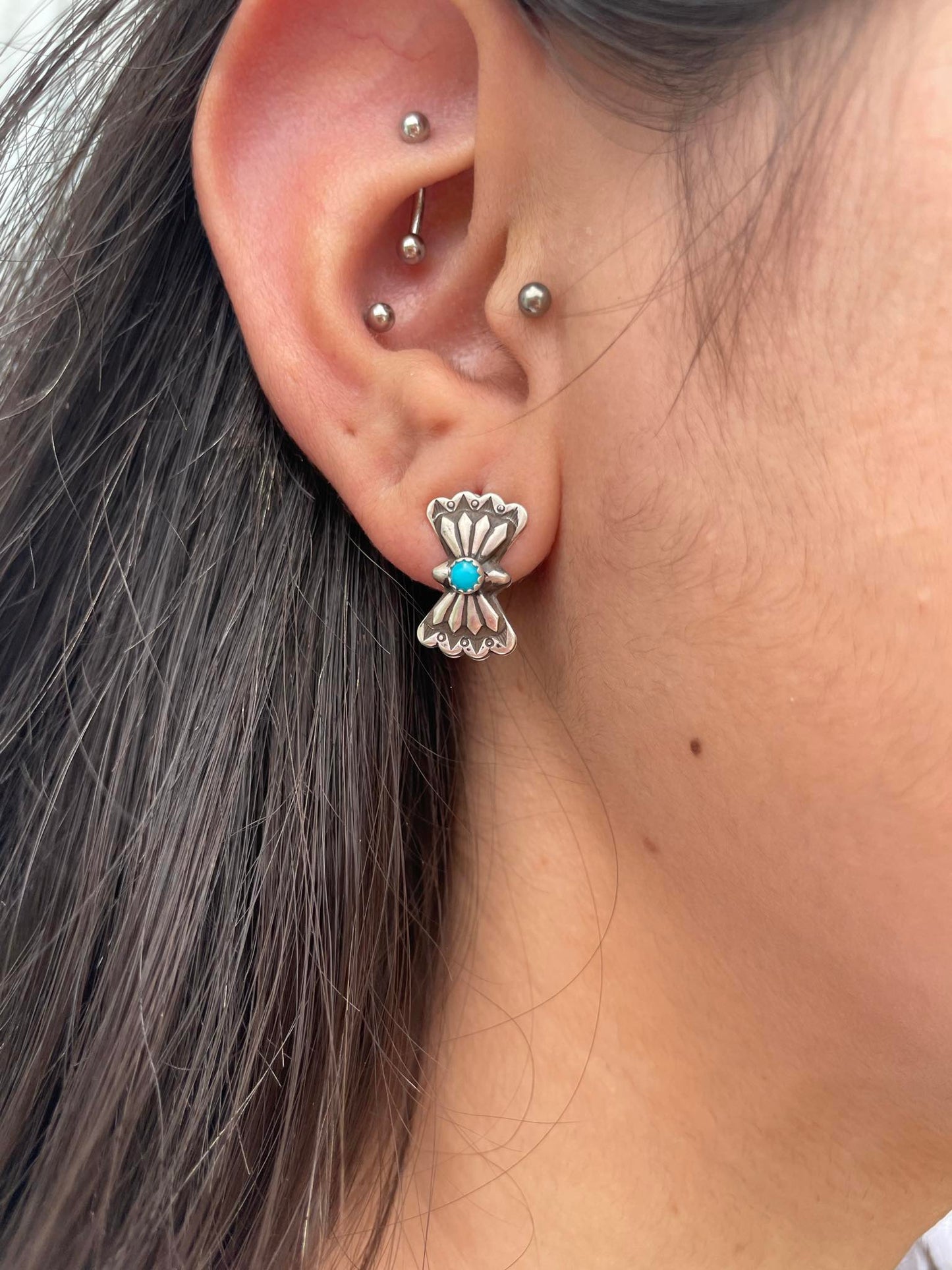 Sterling Silver Tiny Butterfly Concho & Turquoise Stud Earrings